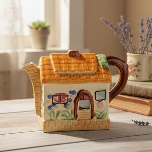 Vntg Japan Cottage Teapot Ceramic House Thatched Roof Hand Painted Cottagecore